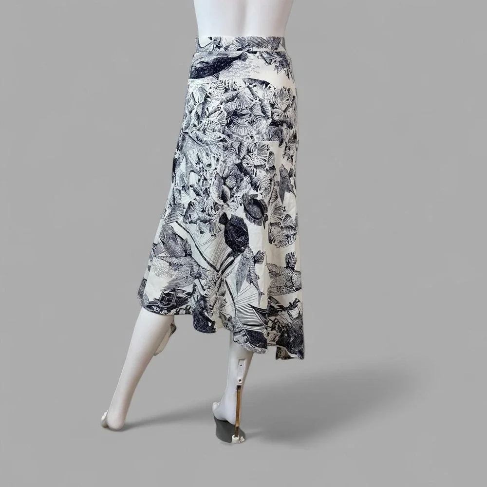 MarthaLouise Women Black White Fish Toile Print Asymmetrical High Low Skirt S